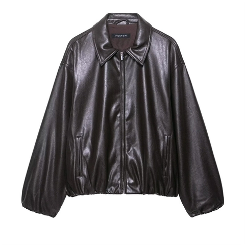 Damen Vintage Kunstleder Bomberjacke Casual Dunkelbraun Revers Reißverschluss Langarm Lockere Oberbekleidung Herbst Moto Mantel