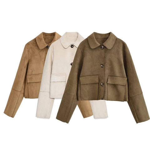 Women Casual Suede-Like Short Jacket Turn-Down Collar Single-Breasted Coat With Pockets Vintage Solid Color Outerwear Top