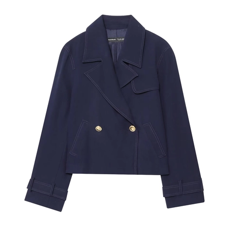 Giacca Corta Monopetto Blu Navy da Donna Bottoni in Metallo Oro Cuciture a Contrasto Bianche Capispalla Casual in Saia TR