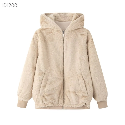 Damen Wendbare Kunstpelz Kapuzenjacke Dick Warm Winter Off-White Reißverschluss Mantel Mit Wildlederoptik Gerippte Bündchen