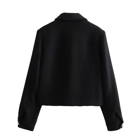 Women Casual Cropped Woolen Jacket Lapel Single Breasted Short Coat With Flap Pockets Gold Metal Buttons Autumn Outerwear