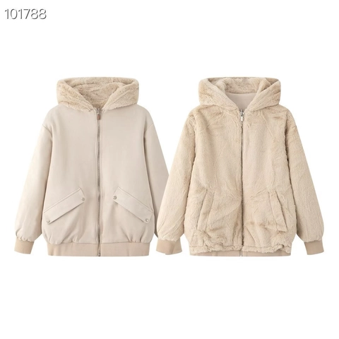 Damen Wendbare Kunstpelz Kapuzenjacke Dick Warm Winter Off-White Reißverschluss Mantel Mit Wildlederoptik Gerippte Bündchen