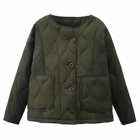Chaqueta Acolchada Patchwork para Mujer Vintage Cuello Redondo Botonadura Sencilla Abrigo Acolchado Casual Cálido Verde Oliva Azul