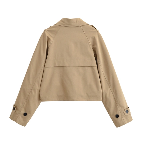 Dames Cropped Double Breasted Windjack Met Epauletten Lange Mouwen Effen Kleur Revers Korte Trenchcoat Bovenkleding