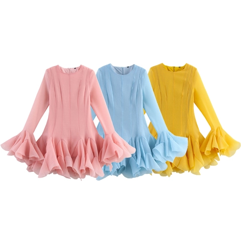 Vestito Midi da Donna Elegante con Volant a Strati Girocollo Manica Lunga Tinta Unita Struttura in Chiffon per Festa