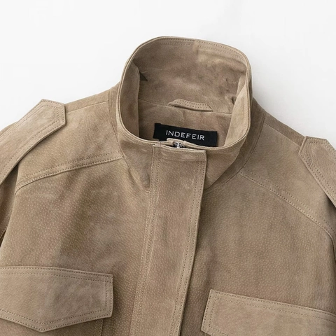 Chaqueta de Gamuza Sintética para Mujer Cuello Alto Cremallera Ropa de Abrigo Manga Larga Con Hombreras Color Sólido Casual Abrigo Cargo