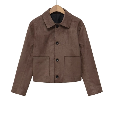 Giacca da Donna in Ecopelle Scamosciata Marrone Retro Corto Revers Monopetto Cappotto Con Tasche Vintage Casual Capispalla