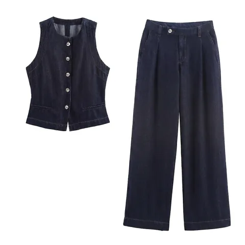 Donna Blu Scuro Denim Gilet E Vita Alta Gamba Larga Jeans Pantaloni Streetwear Casual Moda Completo