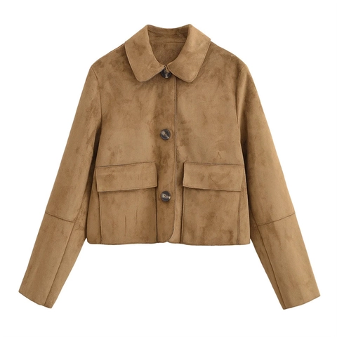 Women Casual Suede-Like Short Jacket Turn-Down Collar Single-Breasted Coat With Pockets Vintage Solid Color Outerwear Top