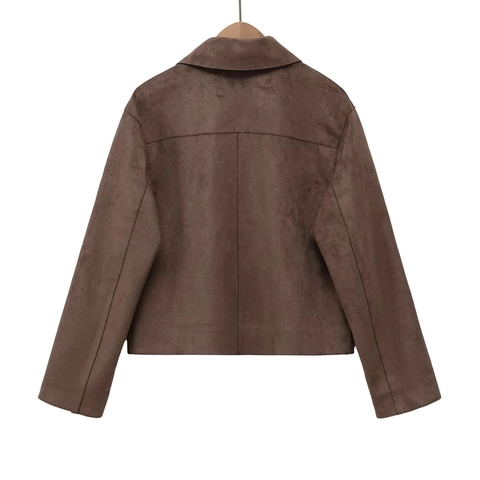 Giacca da Donna in Ecopelle Scamosciata Marrone Retro Corto Revers Monopetto Cappotto Con Tasche Vintage Casual Capispalla