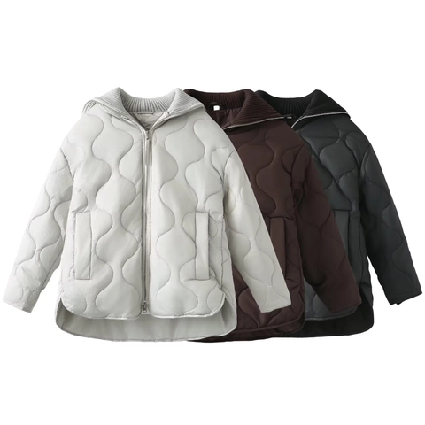 Chaqueta Acolchada Ondulada Holgada para Mujer Con Cuello de Punto Acanalado Moda Urbana Cremallera Ropa de Abrigo para Otoño Invierno