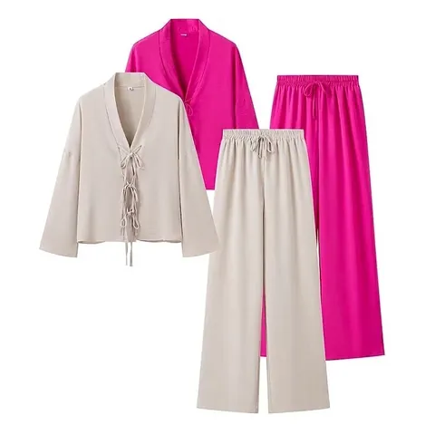 Damen Casual Satin V-Ausschnitt Bindeband Langarm Top Und Hohe Taille Weite Hose Minimalistisch Freizeit Outfit Kleidung