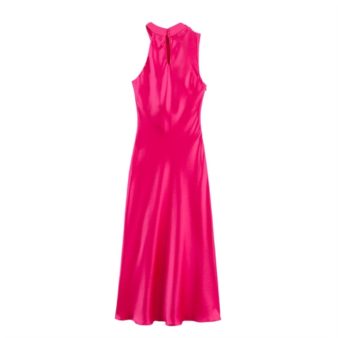 Damen Sexy Halter Wasserfallausschnitt Satin Midi Kleid Fuchsie Rückenfrei Seitenschlitz Ärmellos Elegant Abend Party Kleid