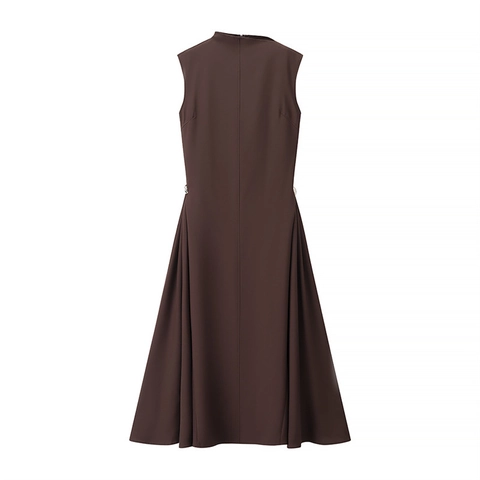 Dames Sexy Mouwloze Col A-lijn Jurk Slank Polyester Geplooid Grote Swing Maxi Jurk Voor Elegante Party Socialite