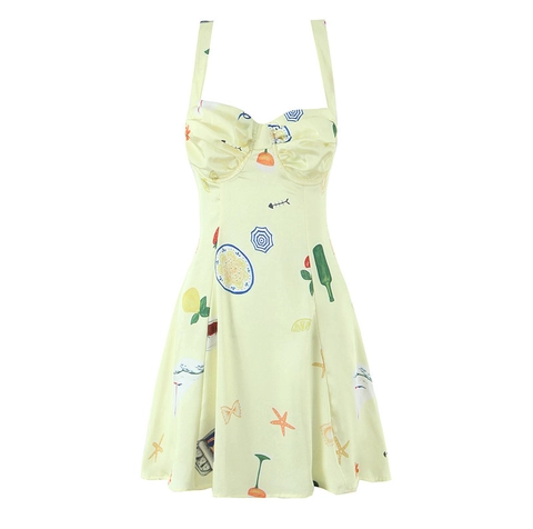 Women Summer Printed Camisole Midi Dress Spaghetti Strap Ruched Bust Italian Vacation Lemon Starfish Print Polyester Satin Dress