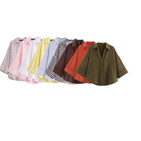 Camicetta da Donna Casual Ampia a Maniche Lunghe a Righe Collo a V con Rever Camicia con Bottoni Top Oversize
