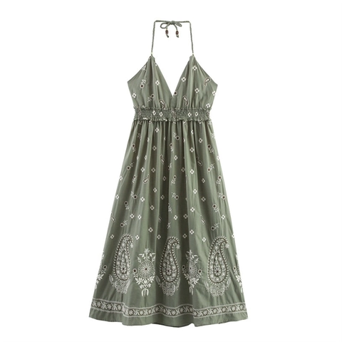 Bohemian Halter V Neck Army Green Embroidered Midi Dress Smocked Waist Paisley Floral Summer Beach Cotton Blend Dress
