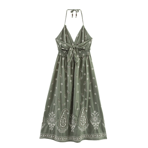 Bohemian Halter V Neck Army Green Embroidered Midi Dress Smocked Waist Paisley Floral Summer Beach Cotton Blend Dress