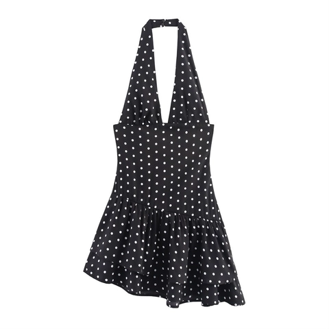 Vestito Midi da Donna Vintage a Pois Scollo All'americana Profondo a V Sexy Mesh Orlo a Volant Asimmetrico Senza Maniche Estivo Vacanza