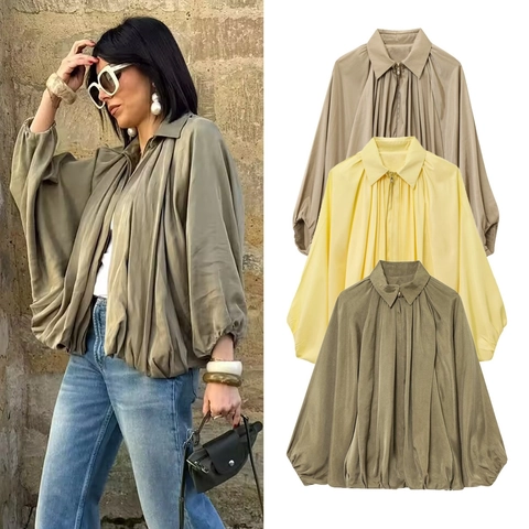Damen Casual Satin Laternenärmel Falten Reißverschluss Bomberjacke Mode Vintage Einfarbig Frühling Herbst Locker Top Oberbekleidung