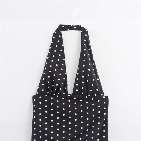 Vestito Midi da Donna Vintage a Pois Scollo All'americana Profondo a V Sexy Mesh Orlo a Volant Asimmetrico Senza Maniche Estivo Vacanza