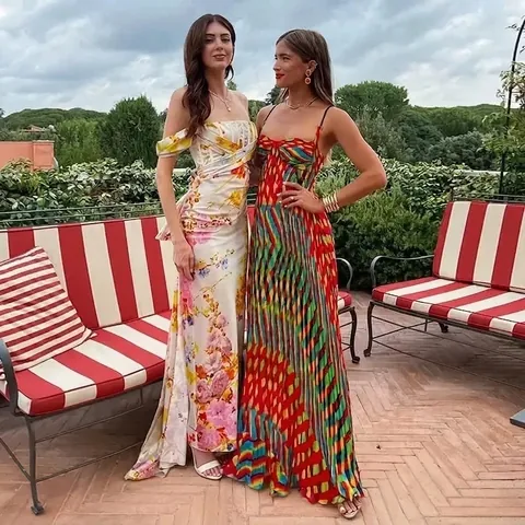 Dames Boheemse Maxi Jurk Met Geometrische Zigzag Print Verstelbare Spaghettibandjes Smokwerk Borst Vakantie A-Lijn Lange Jurk