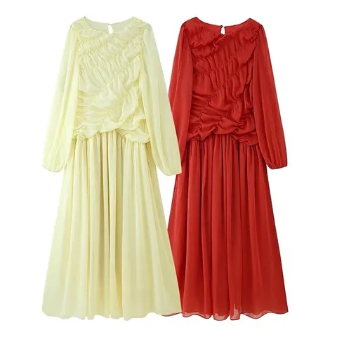Damen Elegant Langarm Plissiert Midi Kleid Sexy Rundhals Gerüscht Chiffon A-Linie Party Kleid Für Frühling Herbst Alltag