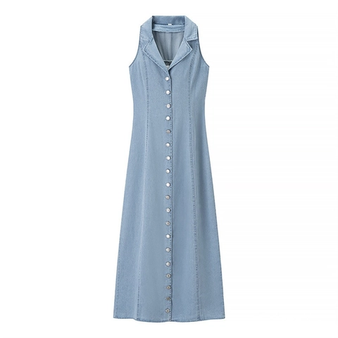 Damen Sexy Hellblau Denim Maxi Kleid Ärmellos Revers Einreihig A-Linie Retro Sommer Gewaschen Lang Denim Outfit