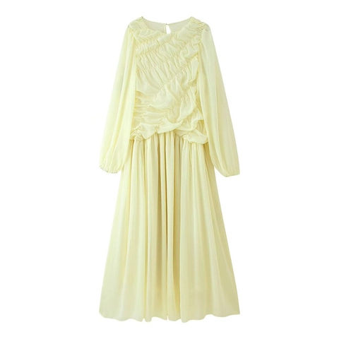 Damen Elegant Langarm Plissiert Midi Kleid Sexy Rundhals Gerüscht Chiffon A-Linie Party Kleid Für Frühling Herbst Alltag