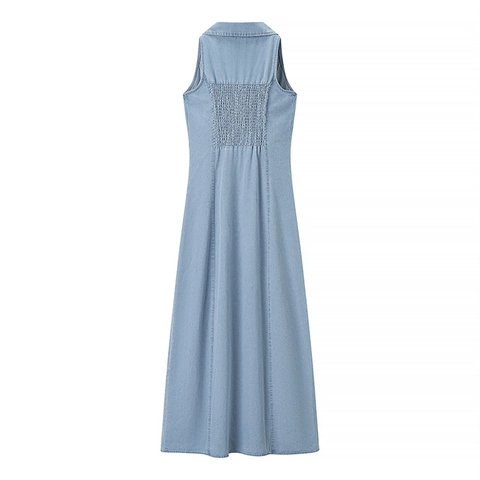 Damen Sexy Hellblau Denim Maxi Kleid Ärmellos Revers Einreihig A-Linie Retro Sommer Gewaschen Lang Denim Outfit