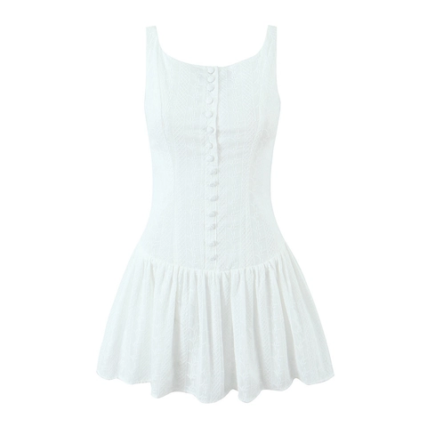 Sexy Backless Square Neck Mini Dress French Style Sleeveless Cotton Embroidery Ruffle Hem Single Breasted Camisole Dress