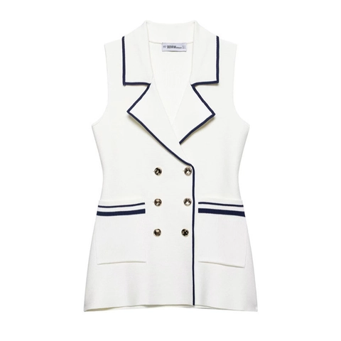 Damen Ärmellose Strickweste Zweireihiges Revers Off-White Weste Mit Goldknöpfen Kontrastbesatz Elegantes Stricktop