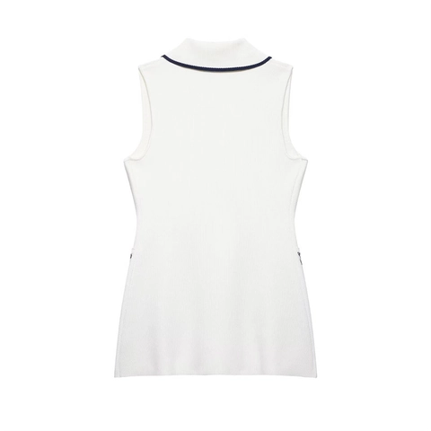 Damen Ärmellose Strickweste Zweireihiges Revers Off-White Weste Mit Goldknöpfen Kontrastbesatz Elegantes Stricktop