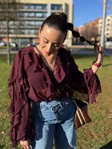 Damen Elegante Chiffon Bluse Mit Rüschen V Ausschnitt Langarm Hemd Mehrlagige Volants Casual Top Für Büro Alltag Damen