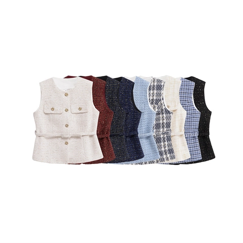 Women's Elegant Little Fragrance Tweed Vest Slim Fit Round Neck Sleeveless Jacket With Gold Buttons And Belt Waistcoat