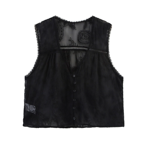 Women's Sleeveless V-Neck Lace Embroidery Shirt Floral Single Breasted Hollow Out Scalloped Trim Casual Boho Summer Top