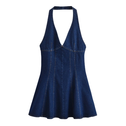 Vestido Mini de Mezclilla con Cuello Halter Sexy para Mujer Espalda al Aire Escote en V Profundo Sin Mangas Línea A para Fiesta