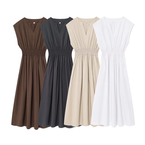 Women Sleeveless V-Neck Maxi Dress Elegant Solid Color Pleated Elastic High Waist A-Line Long Dress For Summer Commute