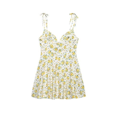 Robe Cami Femme Sexy Imprimé Fleuri Jaune Épaule Nouée Été Col en V Sans Manches Ligne A Mini Robe de Plage Vacances Fête