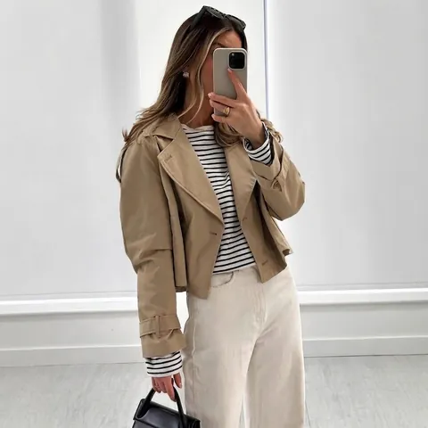 Mode Vrouwen Kort Double Breasted Trenchcoat Revers Casual Winddicht Jas Met Epauletten Voor Lente Herfst