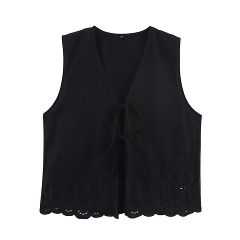 Dames V-Hals Geborduurd Vest Mouwloos Opengewerkt Strikband Top Boho Bloemen Schulpzoom Mode Casual Kleding