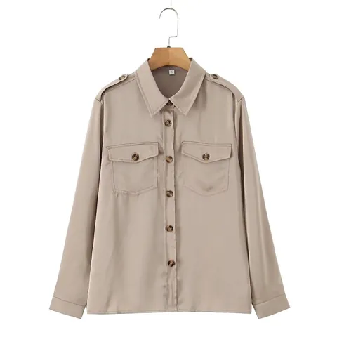 Women Casual Satin Lapel Long Sleeve Shirt With Pockets And Epaulettes Solid Color Khaki Workwear Blouse Top