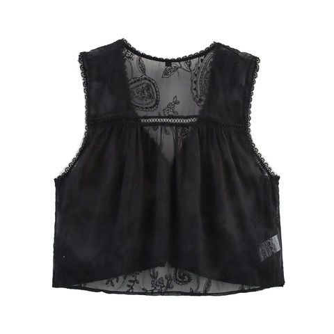 Women's Sleeveless V-Neck Lace Embroidery Shirt Floral Single Breasted Hollow Out Scalloped Trim Casual Boho Summer Top
