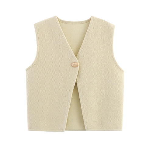 Damen Casual V-Ausschnitt Strickweste Ein Knopf Ärmelloses Oberteil Einfarbig Streetwear Tops