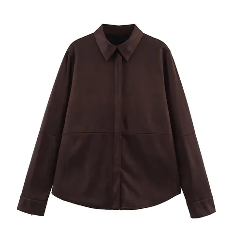 Damen Casual Dunkelbraun Wildlederimitat Hemd Langarm Minimalistisch Revers Bluse Mit Verdeckter Knopfleiste Und Reißverschluss Top
