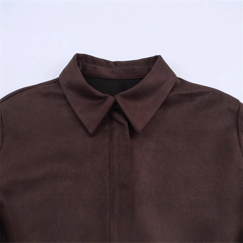 Damen Casual Dunkelbraun Wildlederimitat Hemd Langarm Minimalistisch Revers Bluse Mit Verdeckter Knopfleiste Und Reißverschluss Top
