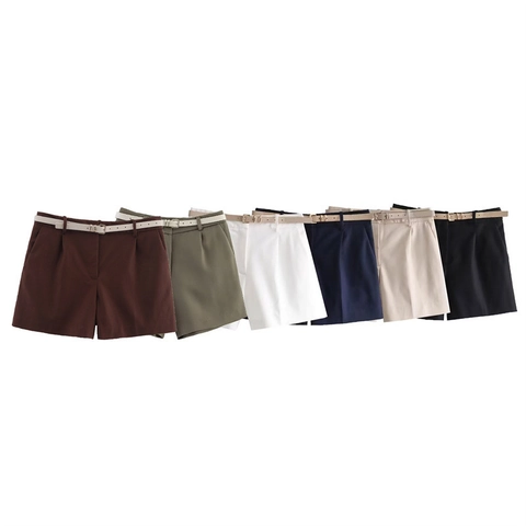 Pantaloncini Casual Donna Vita Alta Con Cintura Tinta Unita Poliestere Gamba Dritta Estate Moda Ufficio Pendolare