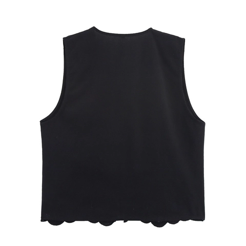 Dames V-Hals Geborduurd Vest Mouwloos Opengewerkt Strikband Top Boho Bloemen Schulpzoom Mode Casual Kleding