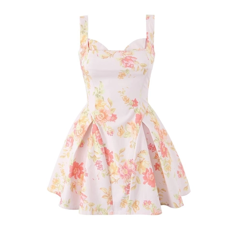 Women's Western Style Pink Floral Print Cami Dress Square Neck Sleeveless Pleated A-Line Mini Dress Summer Party Vacation