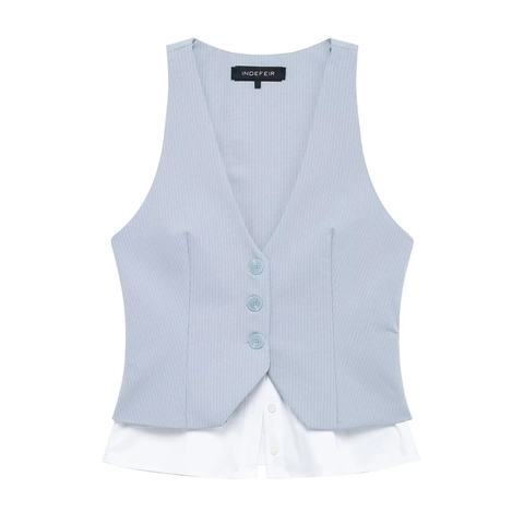 Gilet da Donna Casual Scollo a V a Righe Finto Due Pezzi Top Senza Maniche Vestibilità Slim Gilet Top Coordinato Office Lady Street Fashion